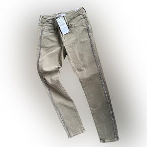NWT Zara basic Z1975 Denim mid ride skinny army green with glitter side details